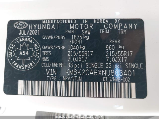 2022 Hyundai Kona Preferred Awd Special Edition მანქანა იყიდება აუქციონზე, vin: KM8K2CABXNU803401, აუქციონის ნომერი: 12597424