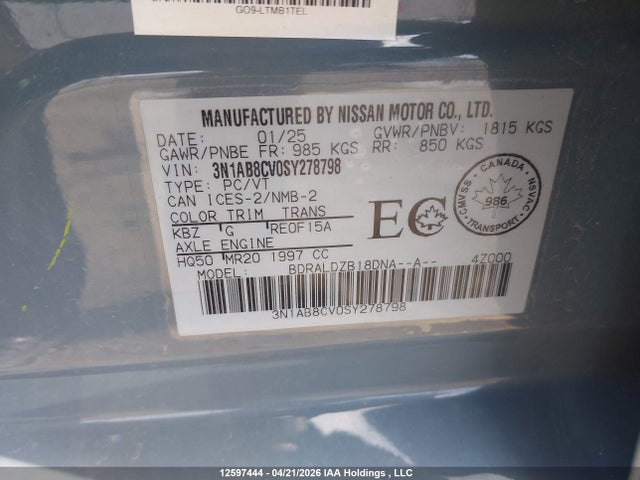 3N1AB8CV0SY278798 Nissan SENTRA SV
