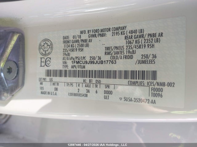 1FMCU9J99JUB17763 Ford Escape Titanium