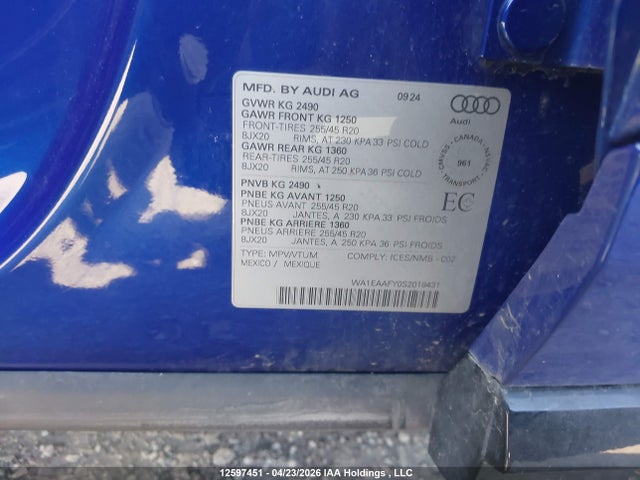 12597451 :رقم المزاد ، WA1EAAFY0S2019431 vin ، 2025 Audi Q5 مزاد بيع
