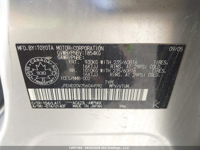 2005 Toyota Rav4 მანქანა იყიდება აუქციონზე, vin: JTEHD20V756044592, აუქციონის ნომერი: 12597454