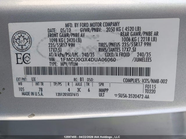 2013 Ford Escape Se მანქანა იყიდება აუქციონზე, vin: 1FMCU0GX4DUA06060, აუქციონის ნომერი: 12597455
