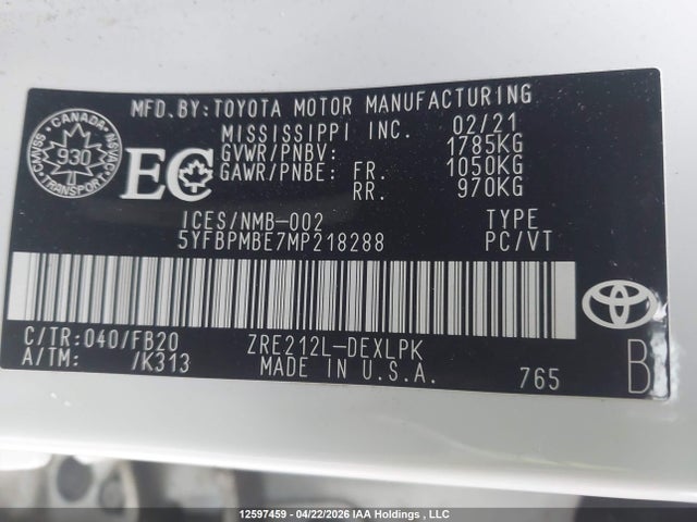 Aukcja sprzedaży 2021 Toyota Corolla Le, vin: 5YFBPMBE7MP218288, numer aukcji: 12597459