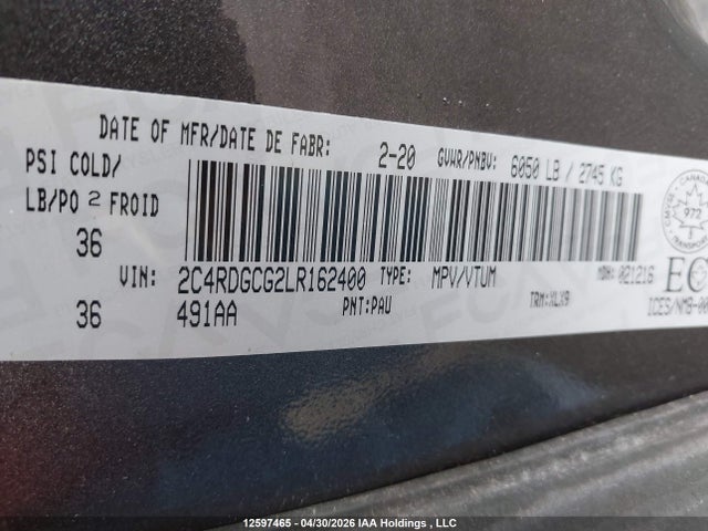 12597465 :رقم المزاد ، 2C4RDGCG2LR162400 vin ، 2020 Dodge Grand Caravan Sxt مزاد بيع