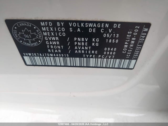 12597466 :رقم المزاد ، 3VW2K7AJ7DM440915 vin ، 2013 Volkswagen Jetta 2.0l Trendline/2.0l Trendline+ مزاد بيع