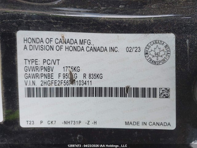Продажа на аукционе авто 2023 Honda Civic Sport/sport-b, vin: 2HGFE2F56PH103411, номер лота: 12597473