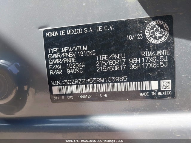 2024 Honda Hr-v მანქანა იყიდება აუქციონზე, vin: 3CZRZ2H55RM105985, აუქციონის ნომერი: 12597475