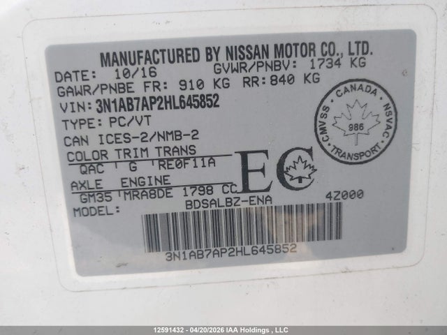 3N1AB7AP2HL645852 Nissan Sentra 1.8 S/1.8 Sl/1.8 Sv