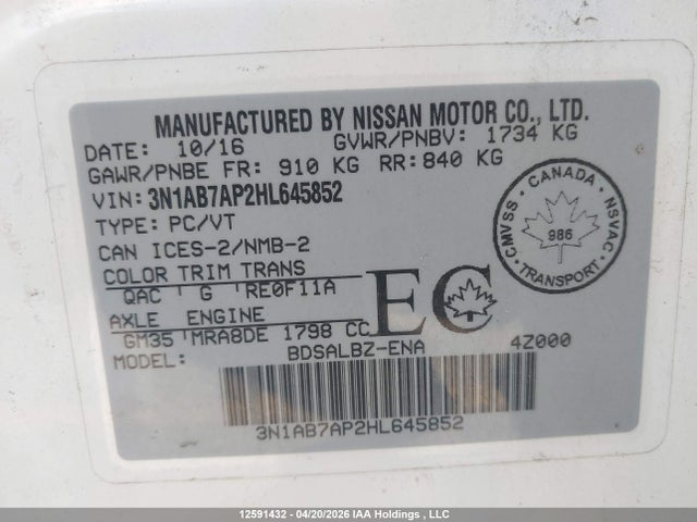 3N1AB7AP2HL645852 Nissan Sentra 1.8 S/1.8 Sl/1.8 Sv