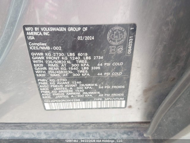 12597482 :رقم المزاد ، 1V2JSPE80RC002296 vin ، 2024 Volkswagen Id.4 Pro S مزاد بيع