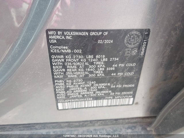 12597482 :رقم المزاد ، 1V2JSPE80RC002296 vin ، 2024 Volkswagen Id.4 Pro S مزاد بيع