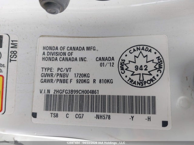 Aukcja sprzedaży 2012 Honda Civic Ex-l, vin: 2HGFG3B99CH004861, numer aukcji: 12597484