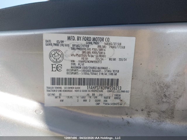 12597486 :رقم المزاد ، 1FAHP37N39W226213 vin ، 2009 Ford Focus مزاد بيع