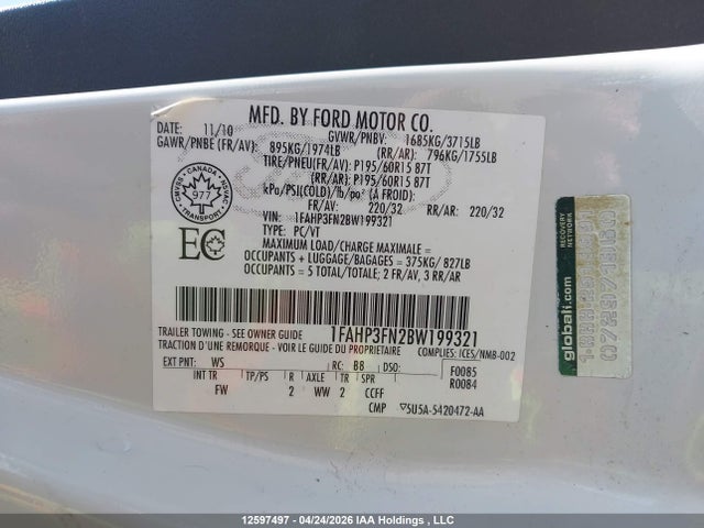 2011 Ford Focus Se მანქანა იყიდება აუქციონზე, vin: 1FAHP3FN2BW199321, აუქციონის ნომერი: 12597497