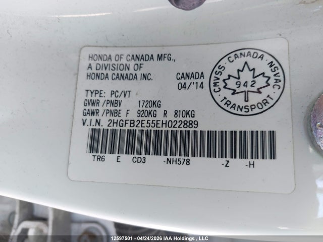 12597501 :رقم المزاد ، 2HGFB2E55EH022889 vin ، 2014 Honda Civic Lx مزاد بيع