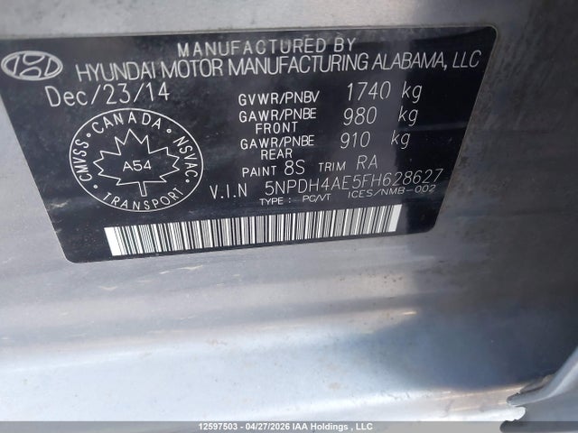 5NPDH4AE5FH628627 Hyundai Elantra L