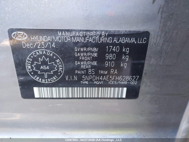 5NPDH4AE5FH628627 Hyundai Elantra L