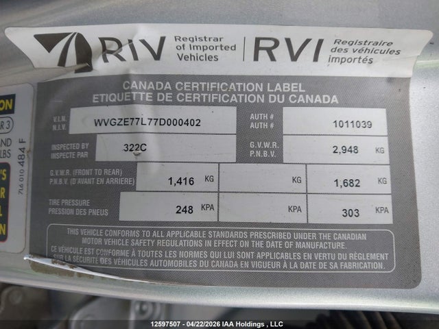 12597507 :رقم المزاد ، WVGZE77L77D000402 vin ، 2007 Volkswagen Touareg V6 مزاد بيع