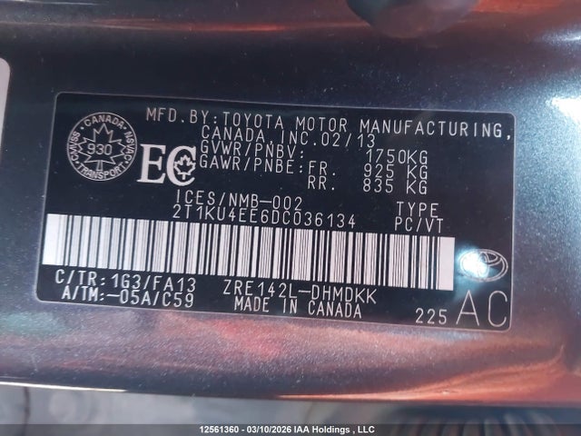 2013 Toyota Matrix მანქანა იყიდება აუქციონზე, vin: 2T1KU4EE6DC036134, აუქციონის ნომერი: 12561360