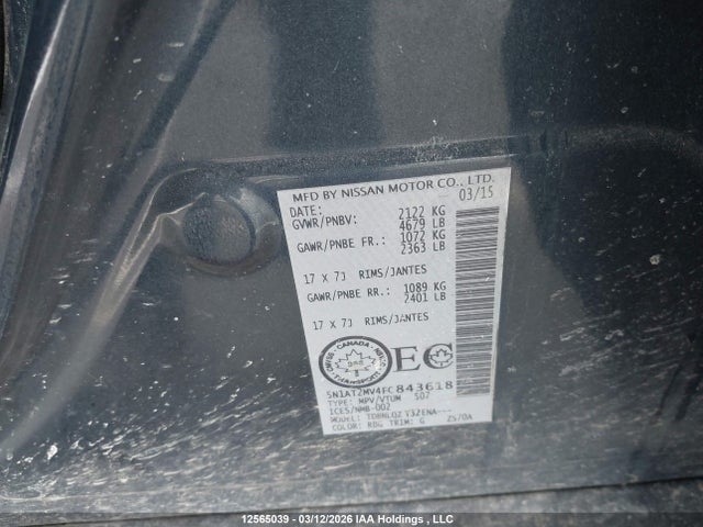 12565039 :رقم المزاد ، 5N1AT2MV4FC843618 vin ، 2015 Nissan Rogue S/sl/sv مزاد بيع