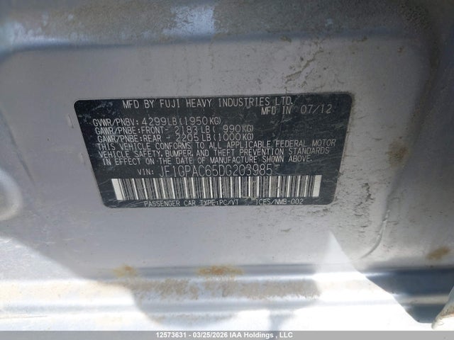 Aukcja sprzedaży 2013 Subaru Impreza 2.0i Touring Package, vin: JF1GPAC65DG203985, numer aukcji: 12573631