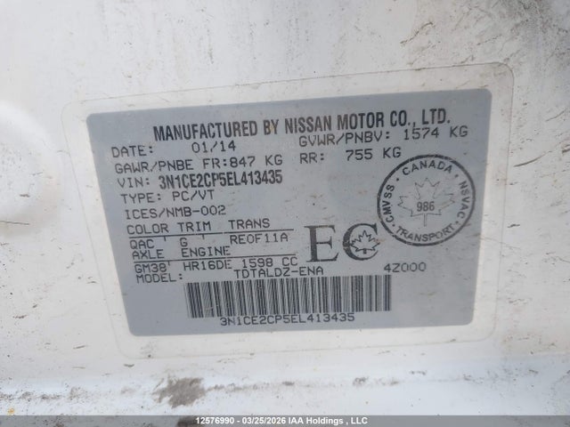 Aukcja sprzedaży 2014 Nissan Versa Note 1.6 S/1.6 Sl/1.6 Sv, vin: 3N1CE2CP5EL413435, numer aukcji: 12576990