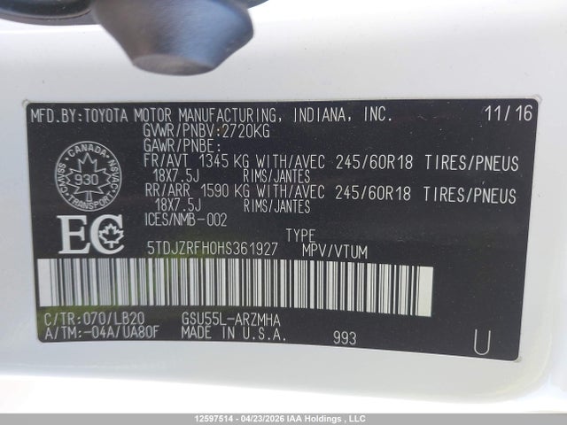 5TDJZRFH0HS361927 Toyota Highlander Se/xle