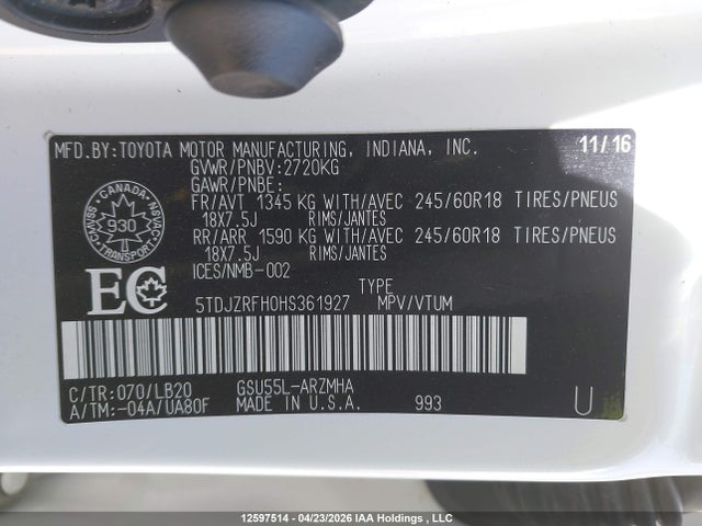 5TDJZRFH0HS361927 Toyota Highlander Se/xle