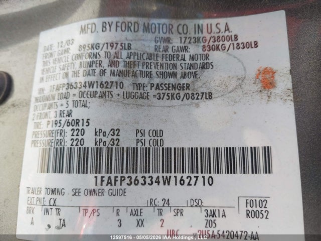 Продажа на аукционе авто 2004 Ford Focus Se, vin: 1FAFP36334W162710, номер лота: 12597516