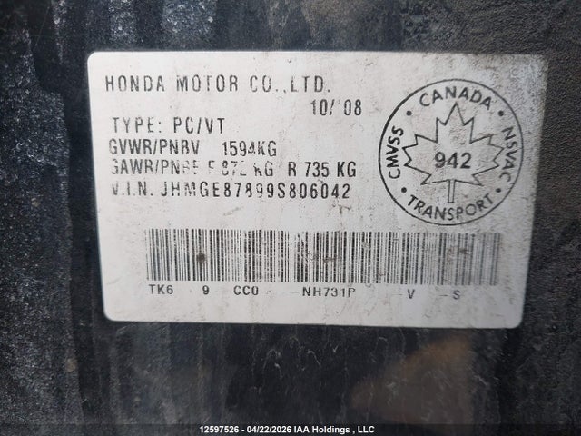 Aukcja sprzedaży 2009 Honda Fit Sport, vin: JHMGE87899S806042, numer aukcji: 12597526