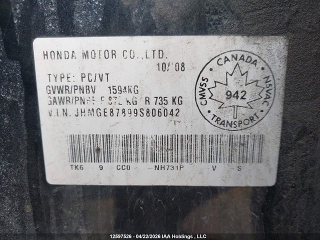 Aukcja sprzedaży 2009 Honda Fit Sport, vin: JHMGE87899S806042, numer aukcji: 12597526
