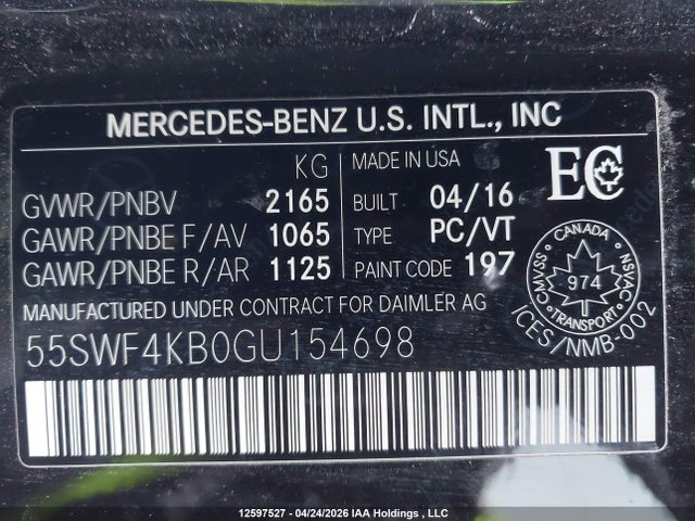 Aukcja sprzedaży 2016 Mercedes-benz C 300 4matic, vin: 55SWF4KB0GU154698, numer aukcji: 12597527