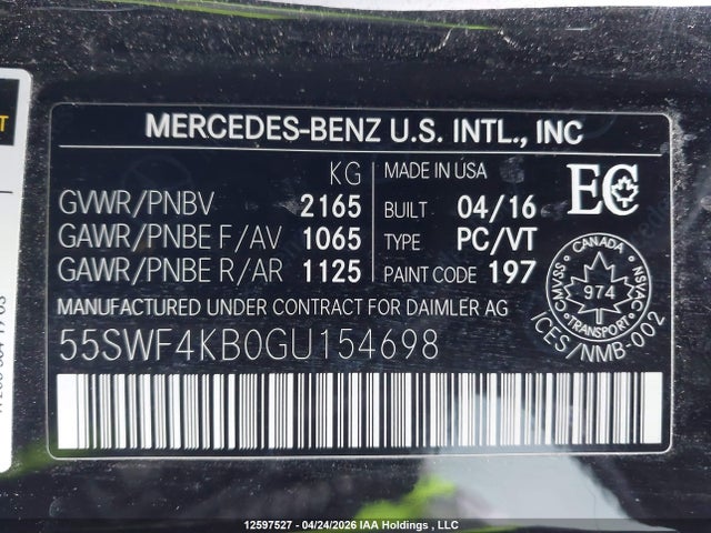 Aukcja sprzedaży 2016 Mercedes-benz C 300 4matic, vin: 55SWF4KB0GU154698, numer aukcji: 12597527