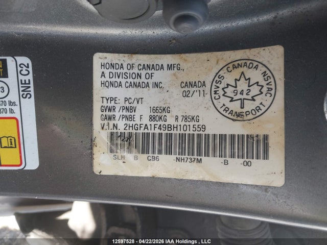 Продаж на аукціоні авто 2011 Honda Civic Dx-g, vin: 2HGFA1F49BH101559, номер лоту: 12597528