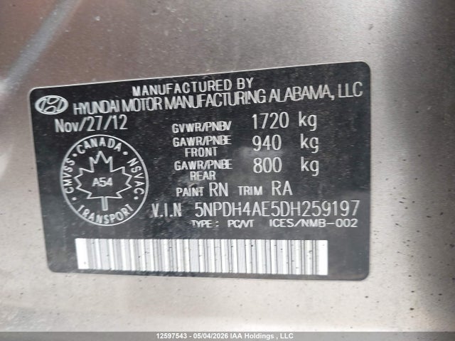 2013 Hyundai Elantra Gls/limited მანქანა იყიდება აუქციონზე, vin: 5NPDH4AE5DH259197, აუქციონის ნომერი: 12597543
