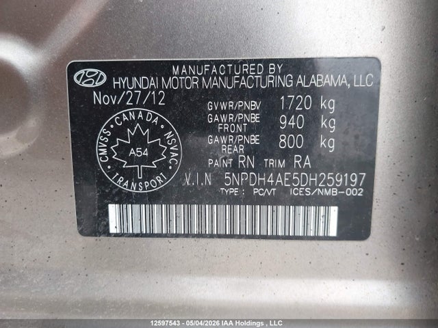2013 Hyundai Elantra Gls/limited მანქანა იყიდება აუქციონზე, vin: 5NPDH4AE5DH259197, აუქციონის ნომერი: 12597543
