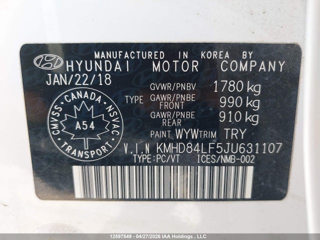 KMHD84LF5JU631107 Hyundai Elantra