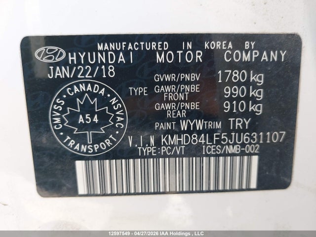 KMHD84LF5JU631107 Hyundai Elantra