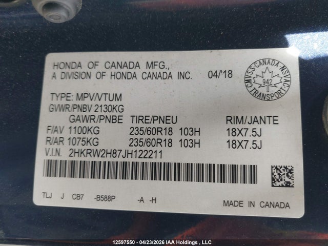 2HKRW2H87JH122211 Honda CR-V EXL