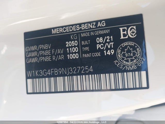 Продажа на аукционе авто 2022 Mercedes-benz A 220 4matic, vin: W1K3G4FB9NJ327254, номер лота: 12597554