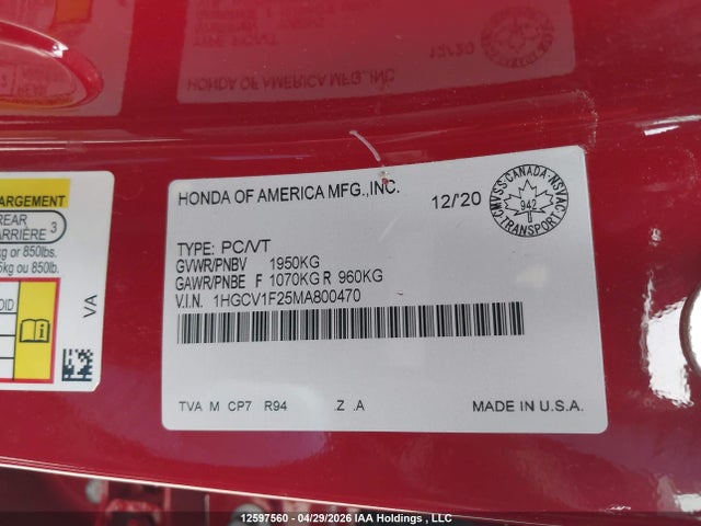 1HGCV1F25MA800470 Honda Accord