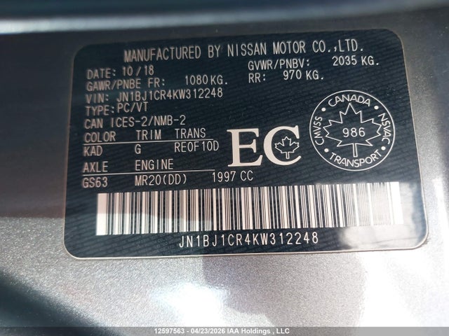 12597563 :رقم المزاد ، JN1BJ1CR4KW312248 vin ، 2019 Nissan Qashqai S/sl/sv مزاد بيع