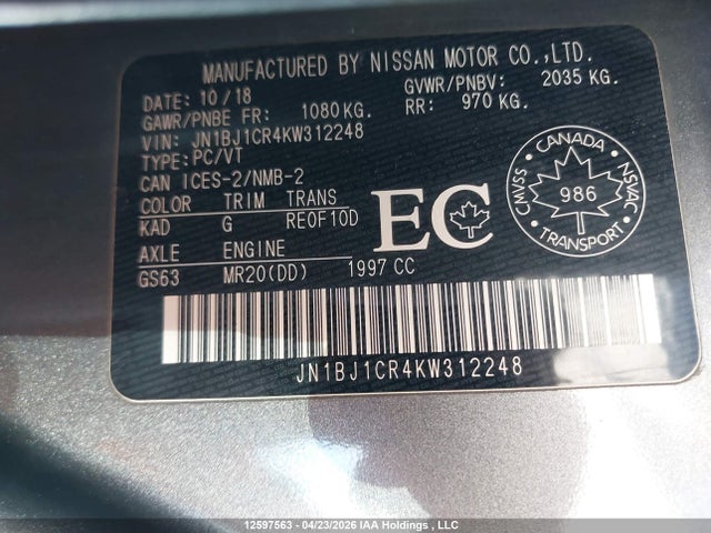12597563 :رقم المزاد ، JN1BJ1CR4KW312248 vin ، 2019 Nissan Qashqai S/sl/sv مزاد بيع