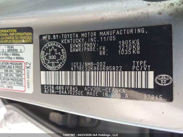 12597567 :رقم المزاد ، 4T1BE32K86U695822 vin ، 2006 Toyota Camry Le/xle/se مزاد بيع