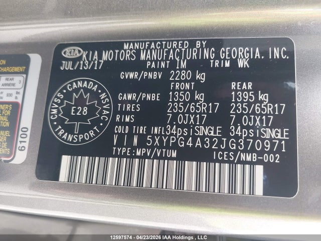 5XYPG4A32JG370971 KIA Sorento Lx/l