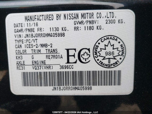 Aukcja sprzedaży 2017 Infiniti Qx50, vin: JN1BJ0RR0HM405998, numer aukcji: 12597577