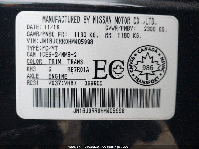 Aukcja sprzedaży 2017 Infiniti Qx50, vin: JN1BJ0RR0HM405998, numer aukcji: 12597577