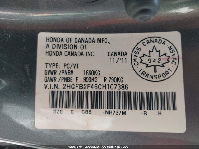 Продаж на аукціоні авто 2012 Honda Civic Lx, vin: 2HGFB2F46CH107386, номер лоту: 12597579