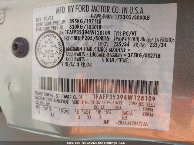 Aukcja sprzedaży 2004 Ford Focus Ztw, vin: 1FAFP35394W128109, numer aukcji: 12597584