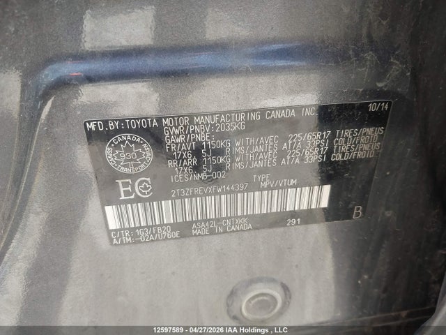2015 Toyota Rav4 Le მანქანა იყიდება აუქციონზე, vin: 2T3ZFREVXFW144397, აუქციონის ნომერი: 12597589